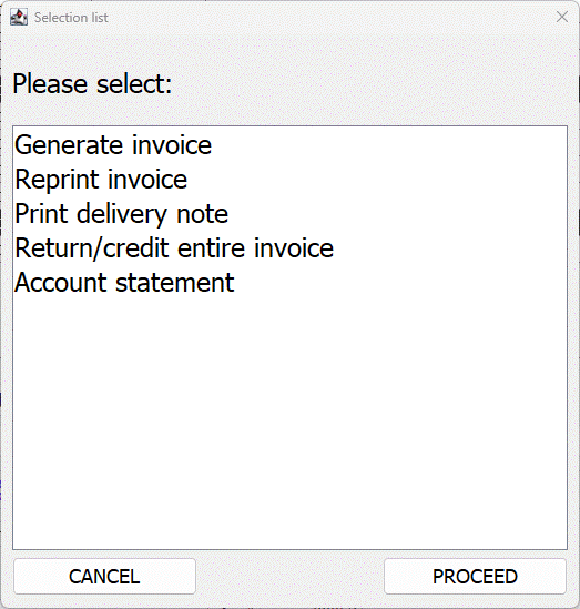 Invoicing options window