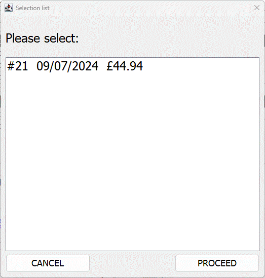 Invoice selection window